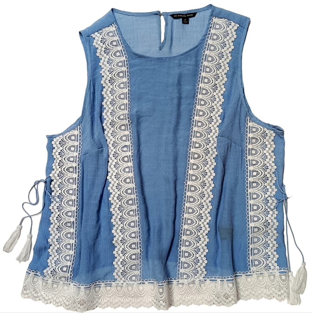 Zac & Rachel | Della Robia Blue with White Lace Sleeveless Top | Size 3X